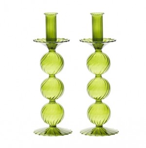 Iris Tall Glass Candlestick in Olive Set/2