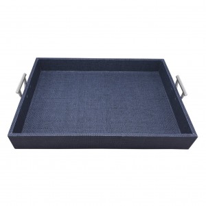 Indigo Faux Grass Cloth Tray with  Metal Handles