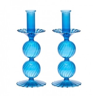 Bella Short Glass Candlestick in Blue Set/2