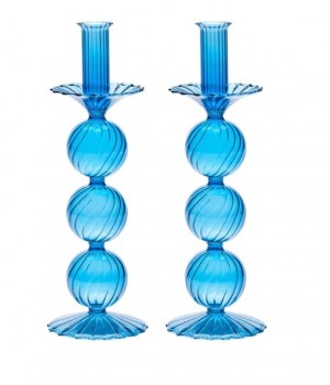 Iris Tall Glass Candlestick in Blue Set/2