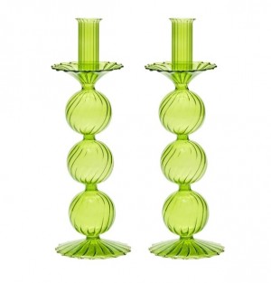 Iris Tall Glass Candlestick in Green Set/2