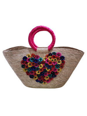Applique Heart Woven Bag with Pink Satin Wrapped Handle
