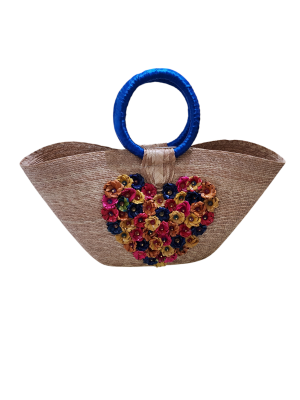 Applique Heart Woven Bag with Blue Satin Wrapped Handle