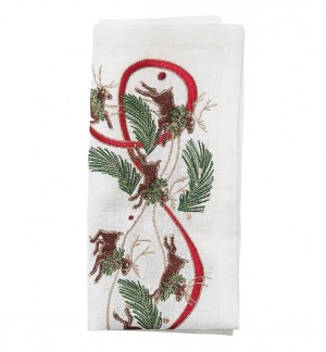 Reindeer Napkin in White, Red & Green, Set of 4